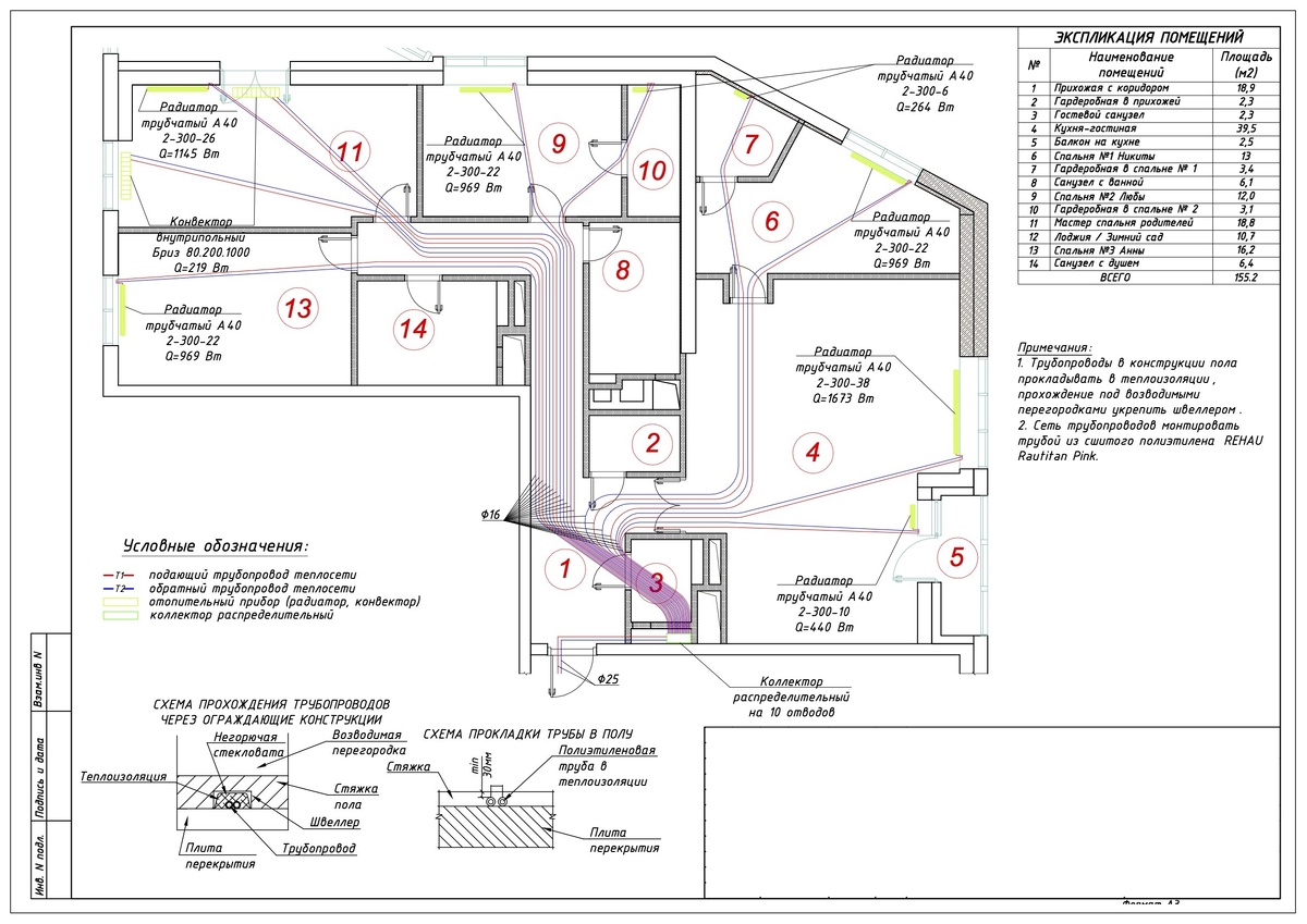 Страница из проекта отопления квартиры с расположением труб и расчетом отопительных приборов