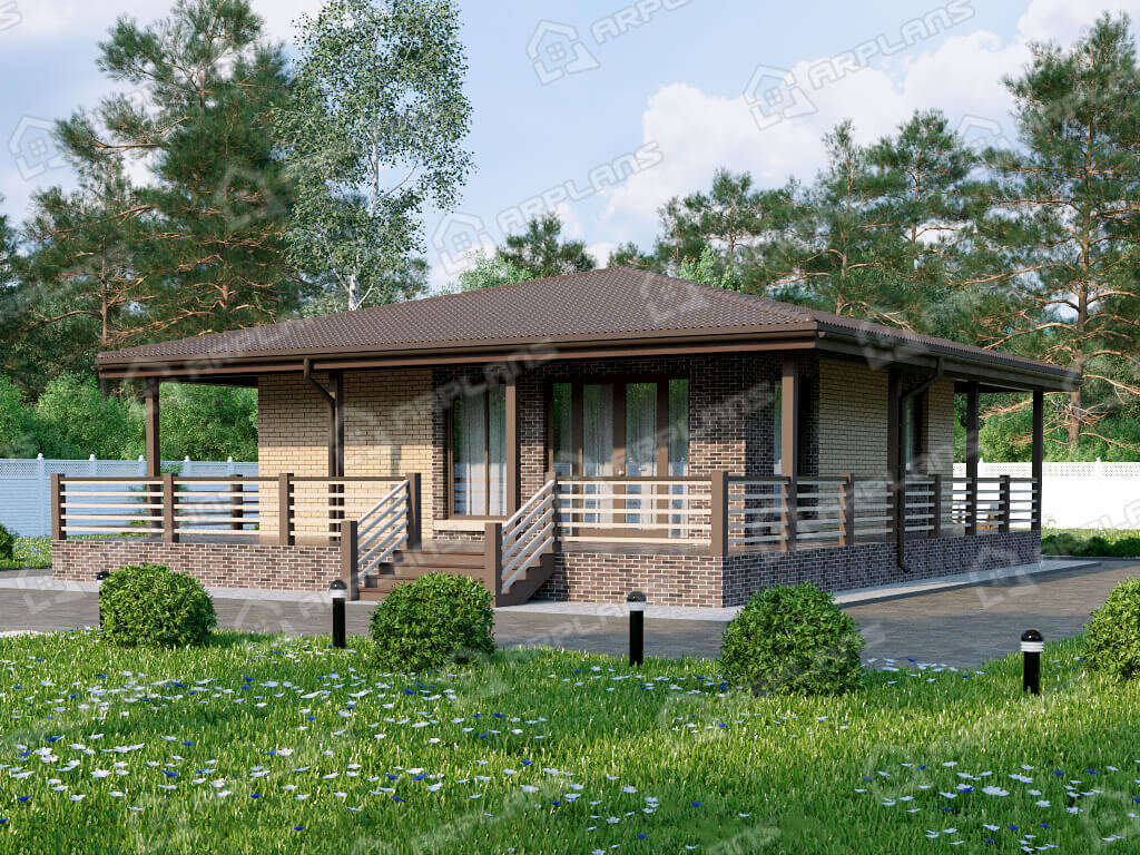 Фото 2 одноэтажного дома из газобетона с 1 спальней, газовой котельной и террасой. Полезная площадь 55 кв м. Источник arplans.ru Проект К-037 