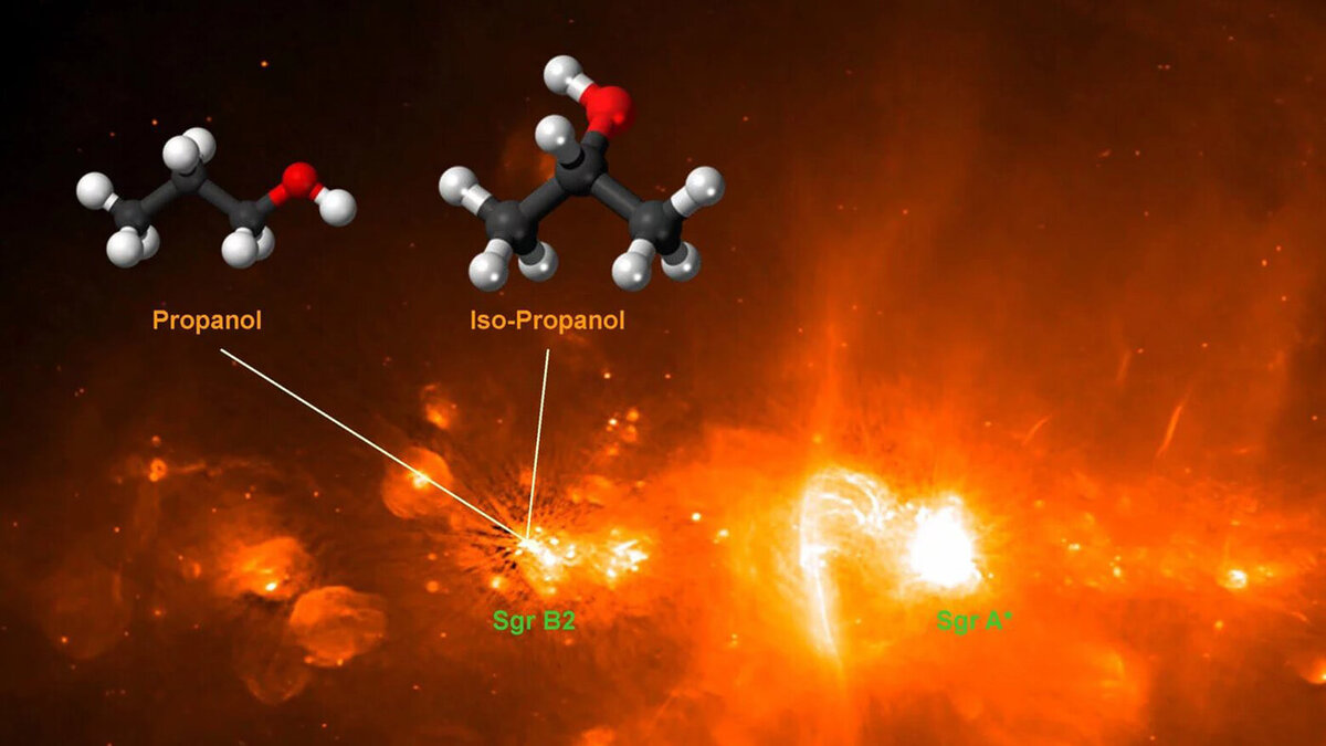 Астрофизики обнаружили в молекулярном газопылевом облаке Стрельца B2 сложные органические вещества. Среди находок — пропанол и изопропанол.