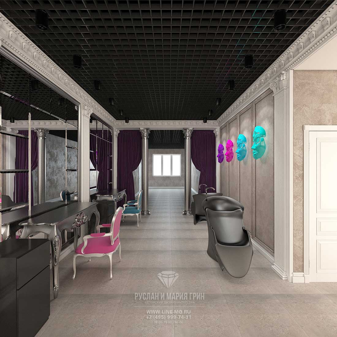 Витражи, колонны и красочные настенные маски, составляющие декор учреждения красоты, повышают художественную ценность композиции.