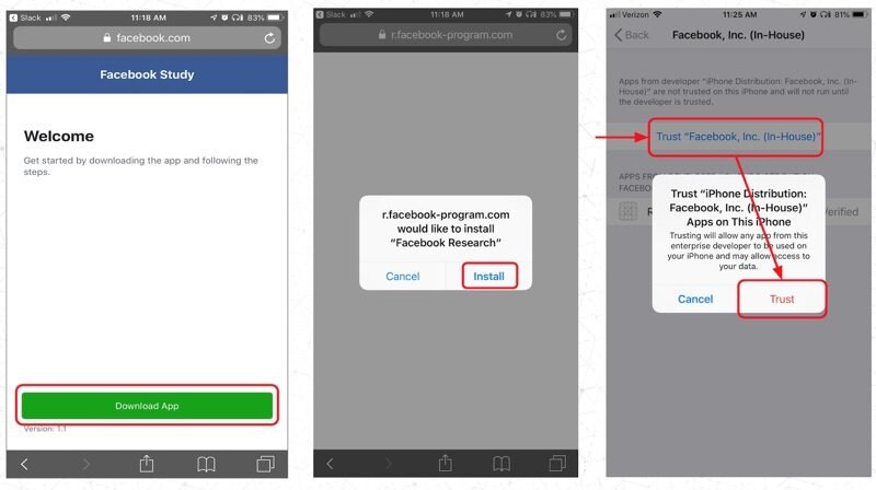 Заходим на специальную страницу, устанавливаем "Facebook Research", разрешаем приложению собирать данные.