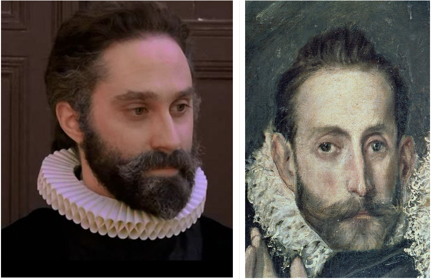 1. Актёр Ник Ашдон в роли Эль Греко.
2. Предполагаемый автопортрет  Эль Греко (фрагмент картины "Погребение графа Оргаса").