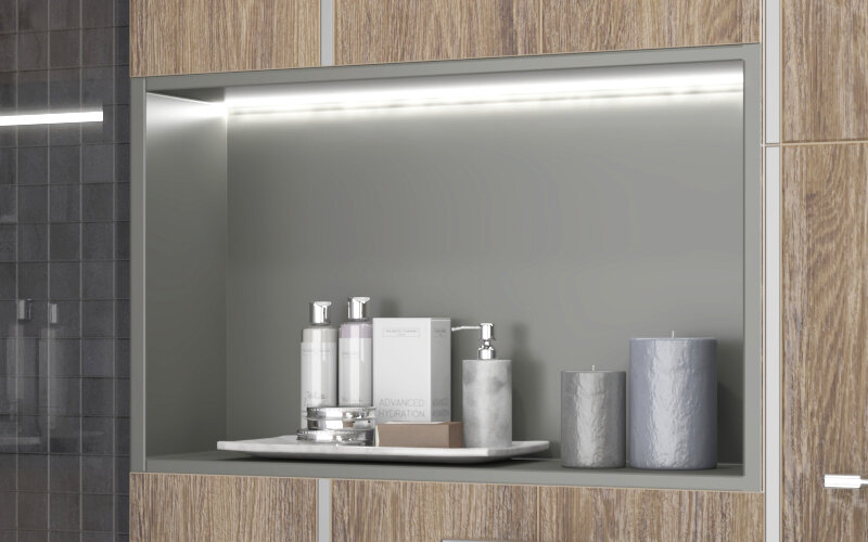 Ниша со светильником в ванной комнате. Дизайн-проект из коллекций Laparet – Metallica и Village.
