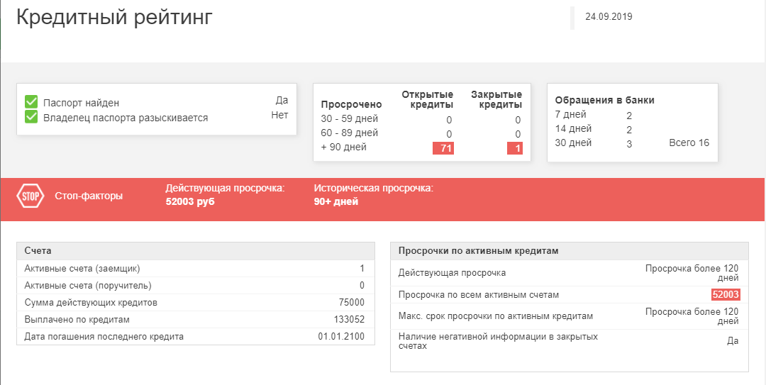 Пример кредитного рейтинга. Тут показана только часть информации о клиенте, как мы видим, есть наличие просрочек