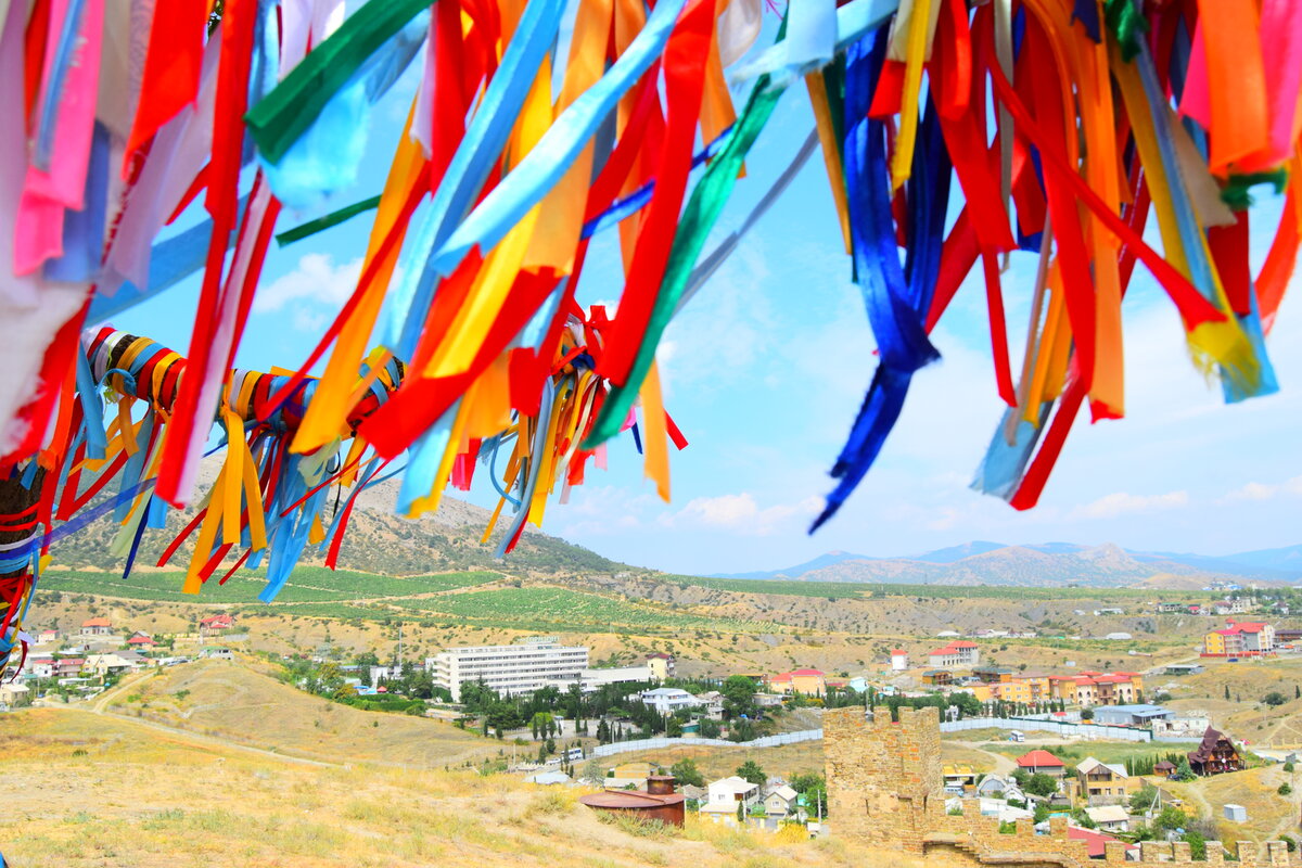 Ветка дерева желаний с повязанными ленточками