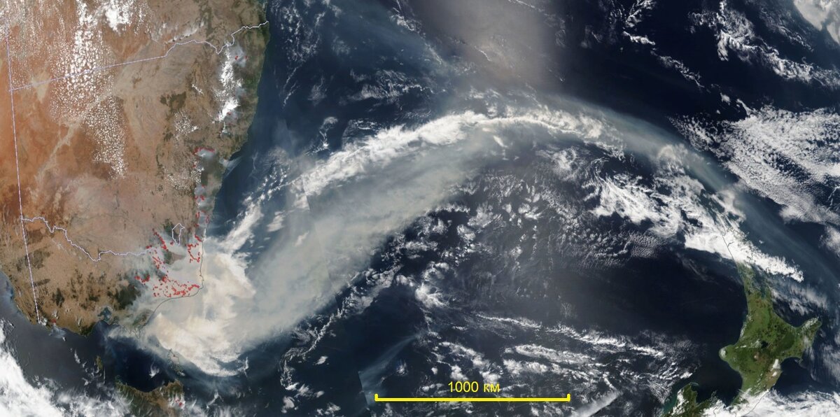 Мозаика космоснимков VIIRS за 3 января 2020 года - пожары на юго-востоке Австралии и шлейф дыма от них
