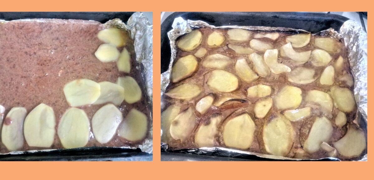 На печеночную массу выкладываем ломтики картофеля. А такую запеканку мы достаем из духовки