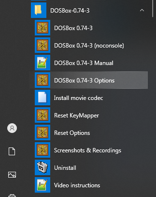 DOSBOX в меню "Пуск" Windows 10