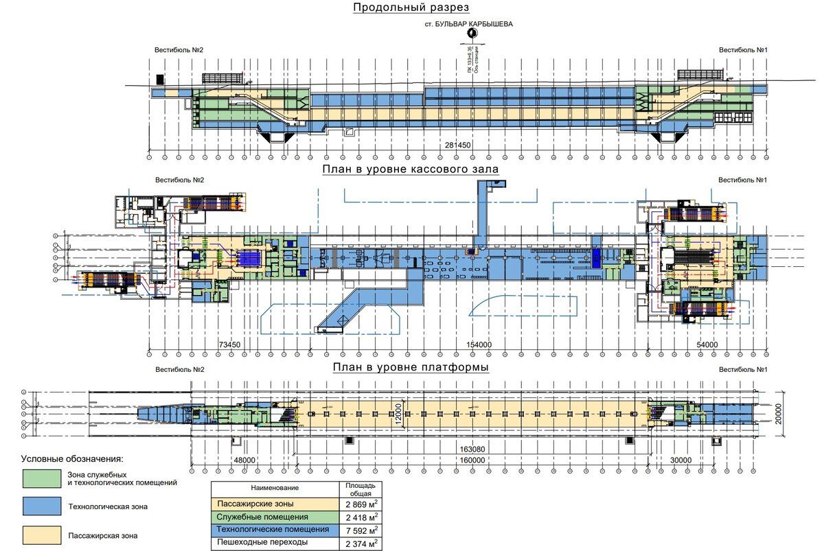 📷 2: Планы в уровне кассового зала и платформы. Продольный разрез.