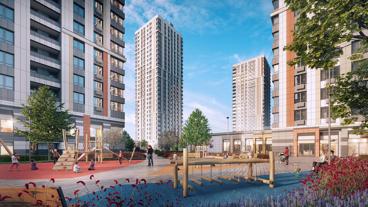 Внутренний двор жилого комплекса богато украшен зеленью и оснащен современным игровым оборудованием с безопасным покрытием для подвижных детских игр