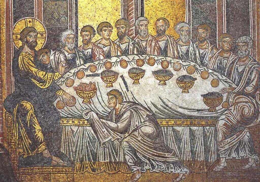 The Last Supper. Jesus and his disciples. Mosaic (6th)