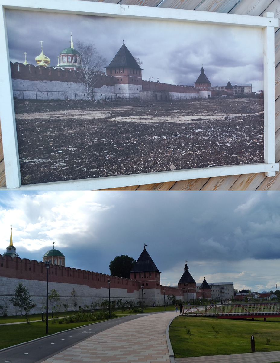 Сверху - фотография территории за Кремлём 2017 года, уже очищенной от всяких зарослей. Тогда сюда никто и не подумал бы идти. Снизу - моя фотография лета 2020. Теперь это популярное место для прогулок.