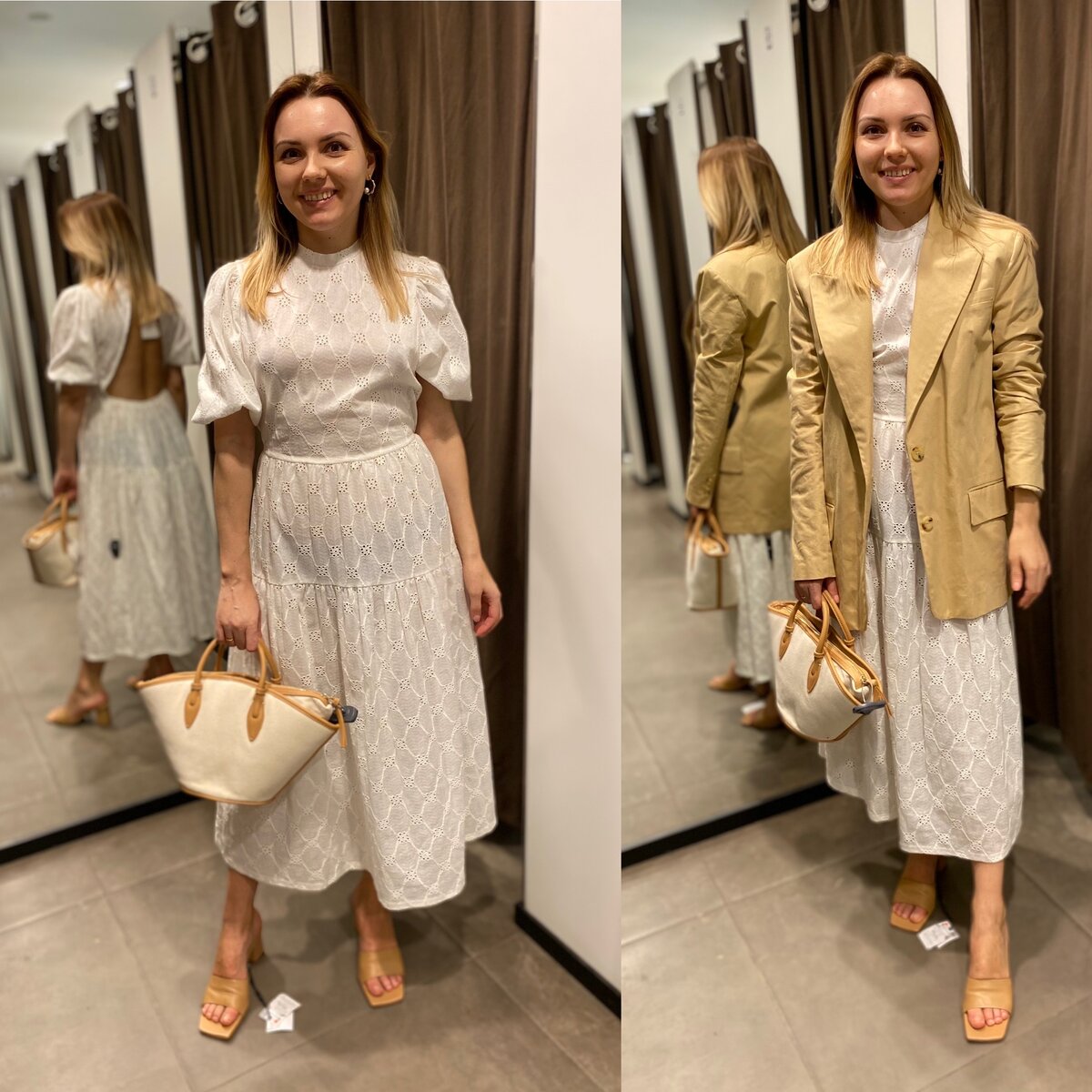 Коллаж автора (платье из хлопка Zara, цена 1799 руб , кожаные мюли Zara, цена 1599 руб, сумка Zara, цена 1199 руб, жакет Zara, цена 2999 руб)