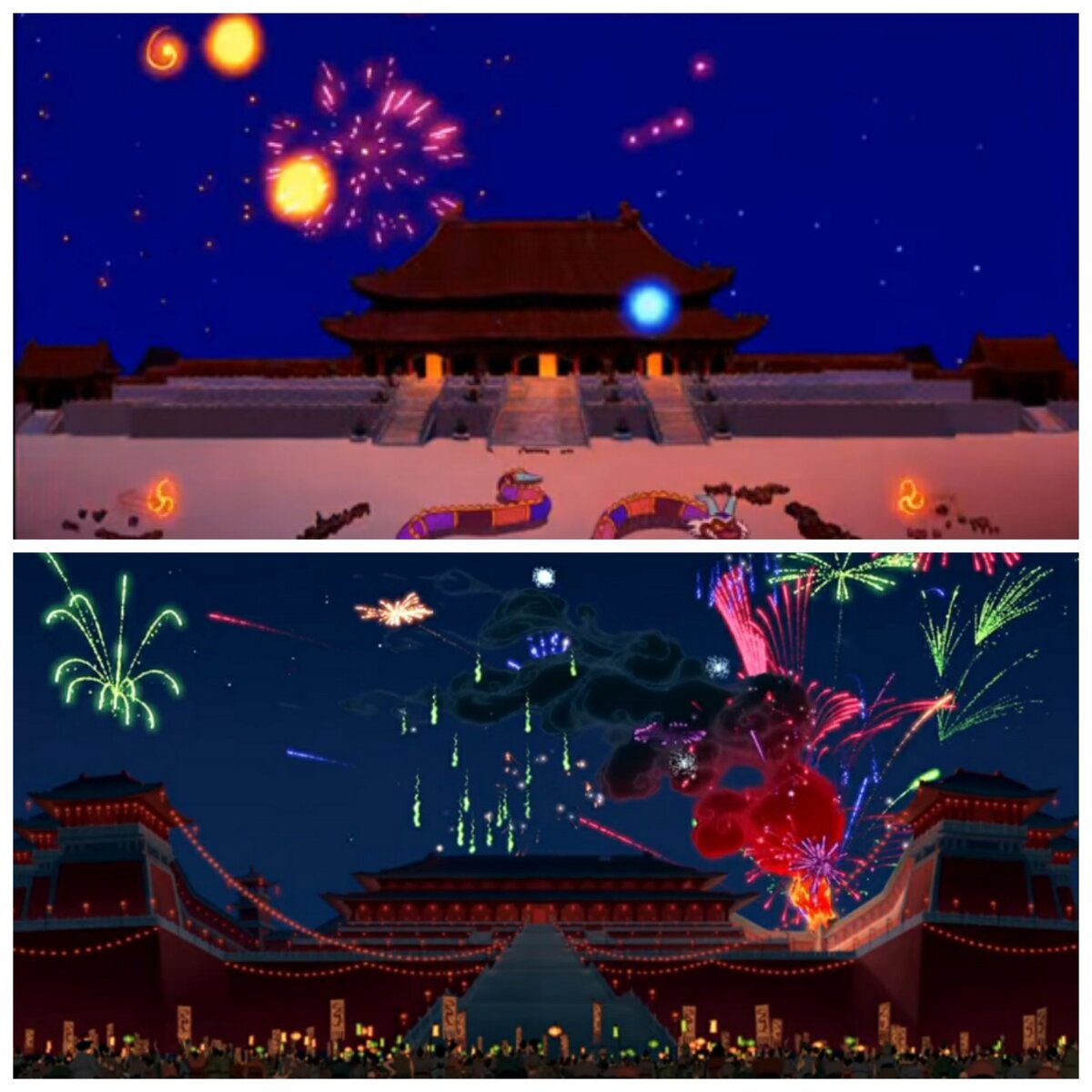 Верхний кадр — "Аладдин", нижний — "Мулан"