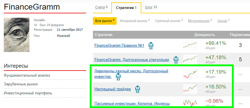 Скриншот моих стратегий на comon.ru. Выделил три стратегии проекта Финансграм. Доходность обновляется онлайн каждый день