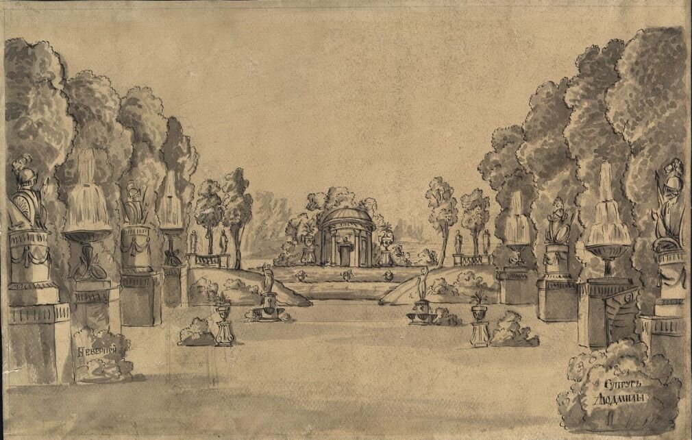 Х.Г. Сайбаталов с оригинала неизвестного художника. Эскиз декорации к балету «Руслан и Людмила». «Волшебный сад». 1952