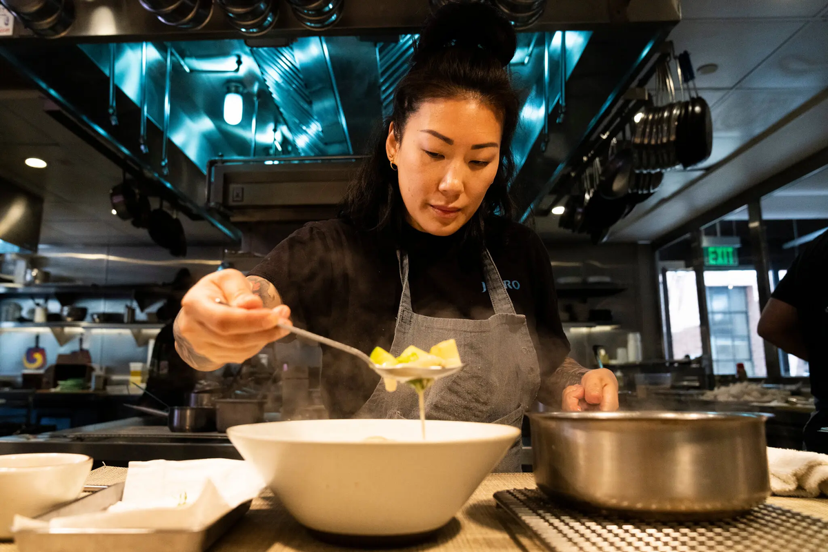 At Yangban Society, a restaurant in Los Angeles, Katianna Hong’s matzo ball soup encapsulates the chef’s identity as a Korean woman raised by a German Jewish father and an Irish Catholic mother.