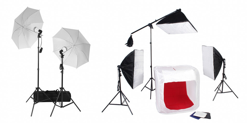 
 Базовый комплект Falcon Eyes MiniLight 245-kit LED на основе 2-х светодиодных светильников.
 	Включает два просветных зонта, стойки, пульт дистанционного управления и сумку.
 	Такой комплект идеально подойдет для съемки видеоблога, фотографий для  документов и для любых фото или видеосъемок в небольших пространствах.  Также это отличное решение для выездных съемок.
 	Видеообзор: https://www.youtube.com/watch?v=d2jPbQZHIqE&t=53s 
 	Расширенный комплект Falcon Eyes LFPB-3 LED KIT для предметной съемки, и  не только, на основе 3-х светодиодных светильников с софтбоксами.  Включает фотобокс с набором фонов. Такой комплект может быть использован  не только для предметной съемки – это универсальное готовое решение как  для видеоблога, так и для модельной фотосессии. Наличие в комплекте  перекладины – журавля позволяет использовать один из источников для  установки верхнего света.