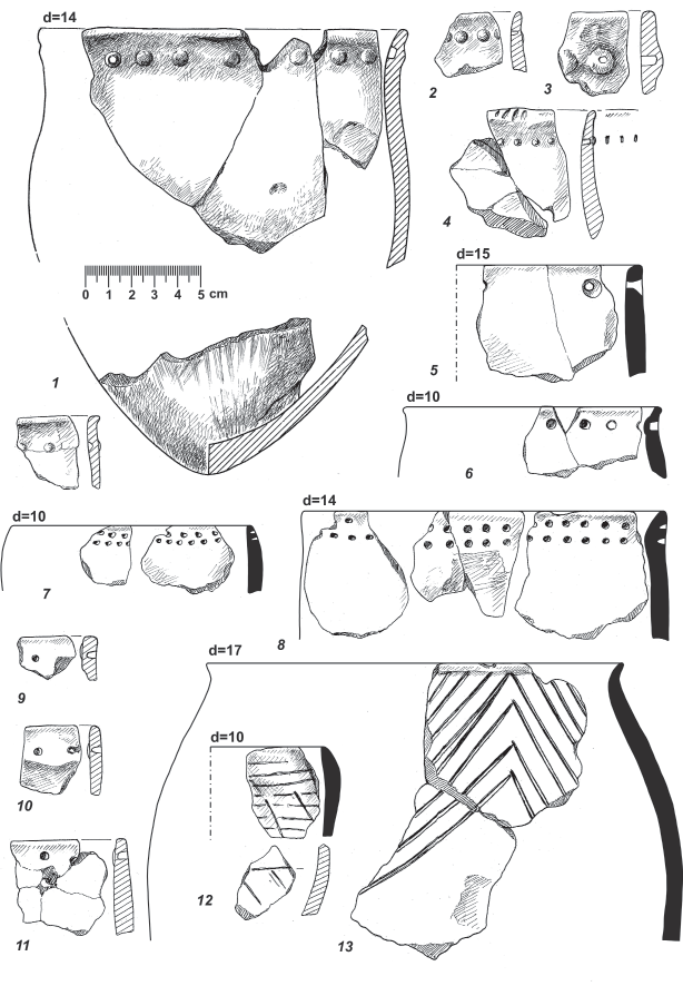 Неолитическая керамика стоянки Чекалино IV: 1–5 – сосуды с жемчужным пояском под венчиком; 6–11 – сосуды с ямочным пояском
под венчиком; 12–13 – сосуды с прочерченным орнаментом.