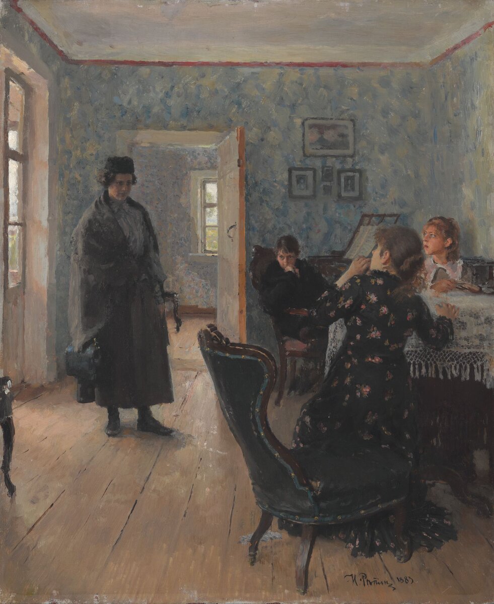 Илья Репин «Не ждали» 1883-1898, первоначальный вариант одноименной картины;
дерево, масло. 46х37 см;
Государственная Третьяковская галерея, Москва.