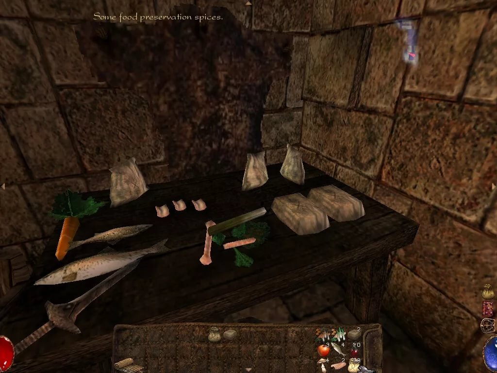 Всё что Вы найдете в подземном мире - всё пригодится в хозяйстве! Ещё ни в одной игре готовка еды не доставляет столько удовольствия, без иронии пишем! Ловите рыбу, разжигайте костер при помощи заклинания и поджарьте её, находите муку и готовьте хлеб или выпекайте пироги, в которые можно порезать яблоки - в общем вариантов уйма! Всё это не просто так сделано, всё дело в том что персонаж время от времени хочет есть и если не сделать этого он умрет, вот такой вот реализм из начала нулевых!  