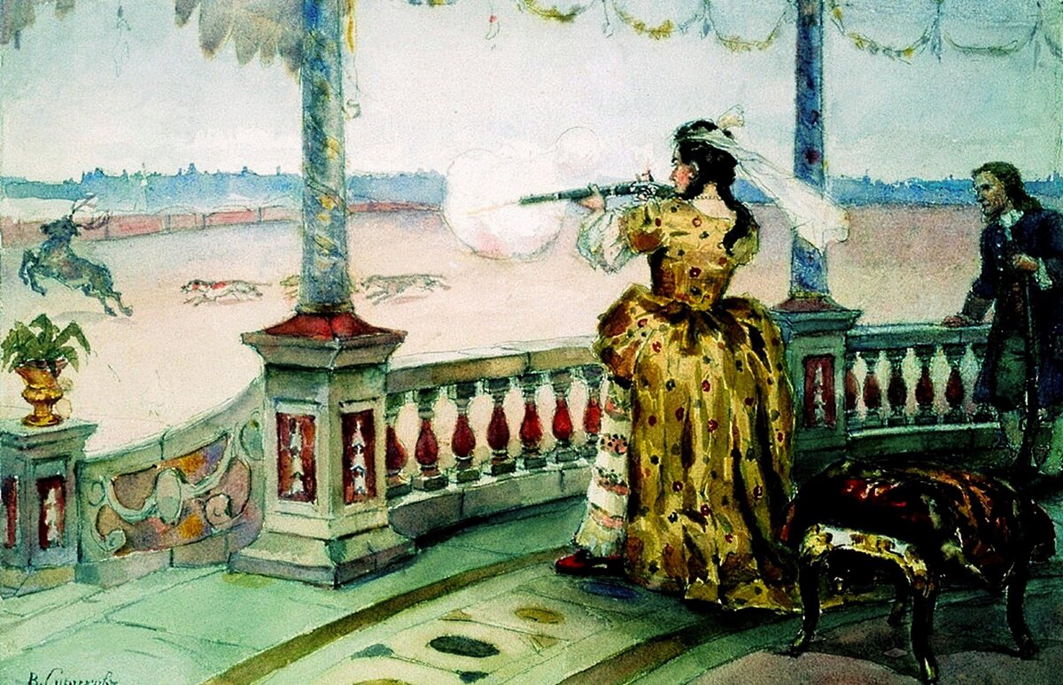 В. Суриков «Императрица Анна Иоанновна в петергофском “Тампле” стреляет оленей», 1900