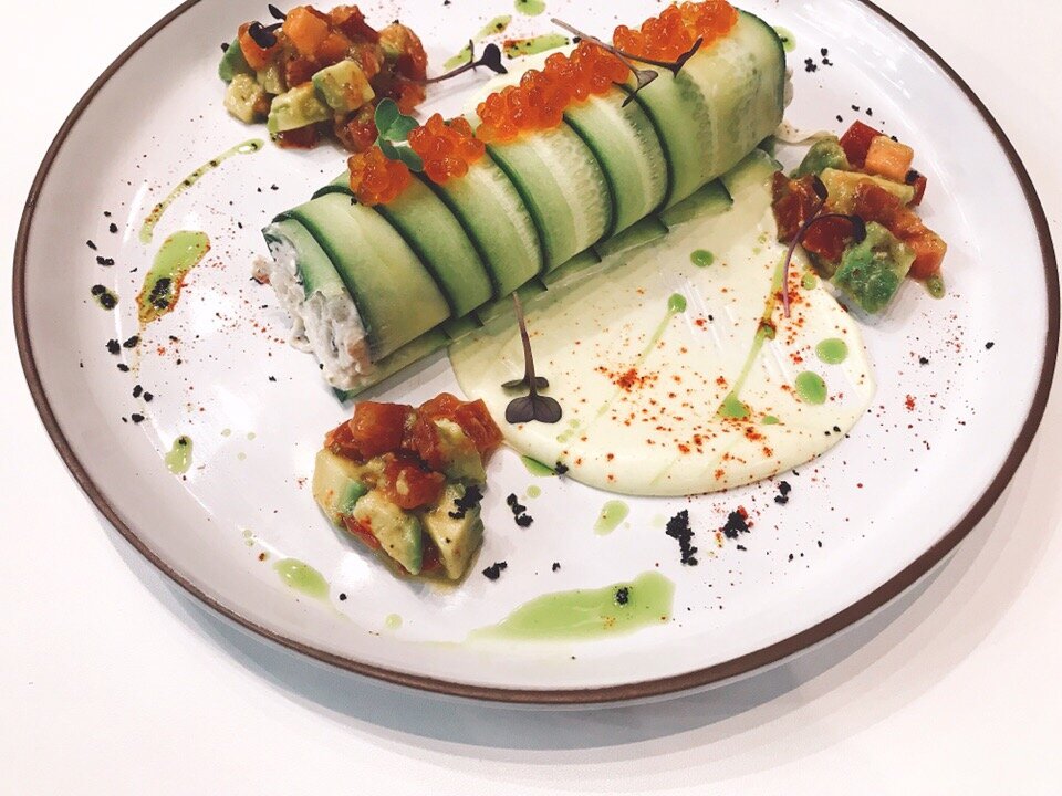 • Краб (варено-мороженая первая или вторая фаланга без панциря) 100 г • Икра красная 20 г
• Огурец свежей длинноплодный 1 шт.
• Сыр творожный (например, филадельфия) 100 г
• Сливки 11% 50 г
• Лайм 1 шт.
• Авокадо спелое 1 шт.
• Томат розовый спелый 50 г
• Табаско (соус) 2 г
• Соус вустерский 20 мл
• Микрогрин 
• Масло оливковое 20 мл
• Майонез 50 г
• Васаби 20 г
• Мёд 10 г

Украшение:
• Чипсы 
• Земля оливковая 
• Масло зелёное