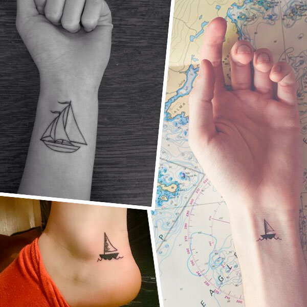 Татуировка: кораблик маленького размера на руке, запястье и стопе.