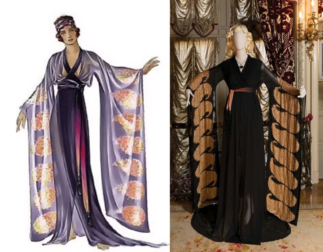 эскиз Деборы Линн Скотт к фильму и оригинальный костюм Кейт Уинслет на выставке "Гламур на борту: Мода из кинокартины "Титаник" 