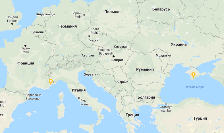 Срочная географическая помощь: Антиб - метка слева, Крым - справа.