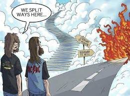 Дорожные знаки: «Лестница на небеса» и «Шоссе в ад». Фанат Led Zeppelin говорит фанату AC/DC:  «Ну, дальше мы каждый своей дорогой… »