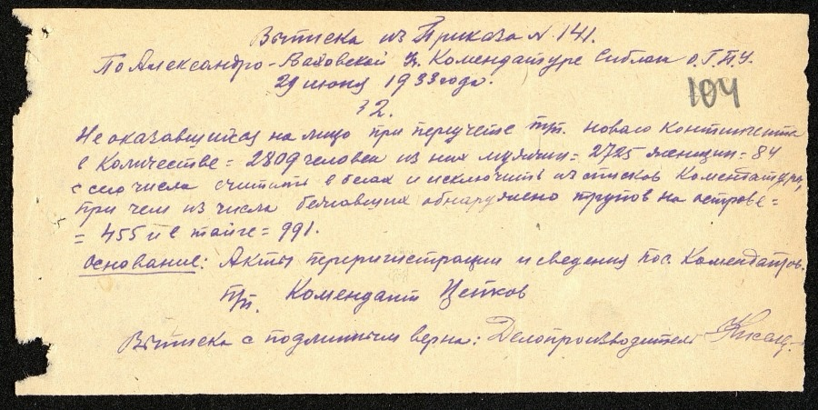 Выписка из Приказа № 141 по Александро-Ваховской Уч. Комендатуре СИБЛАГа ОГПУ от 29 июня 1933 года.