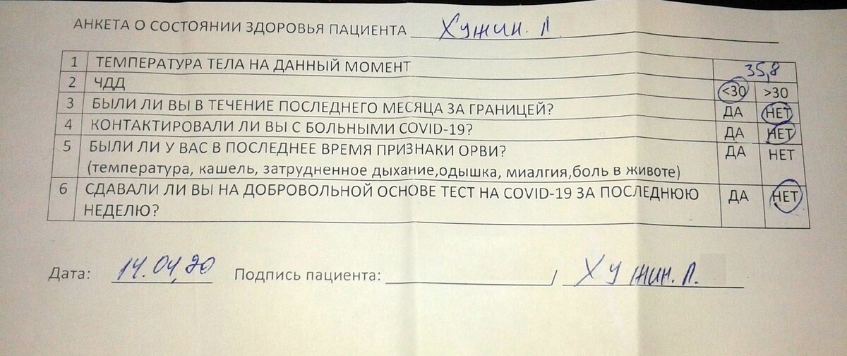 Анкета о состояние здоровья пациента, автора. фото автора