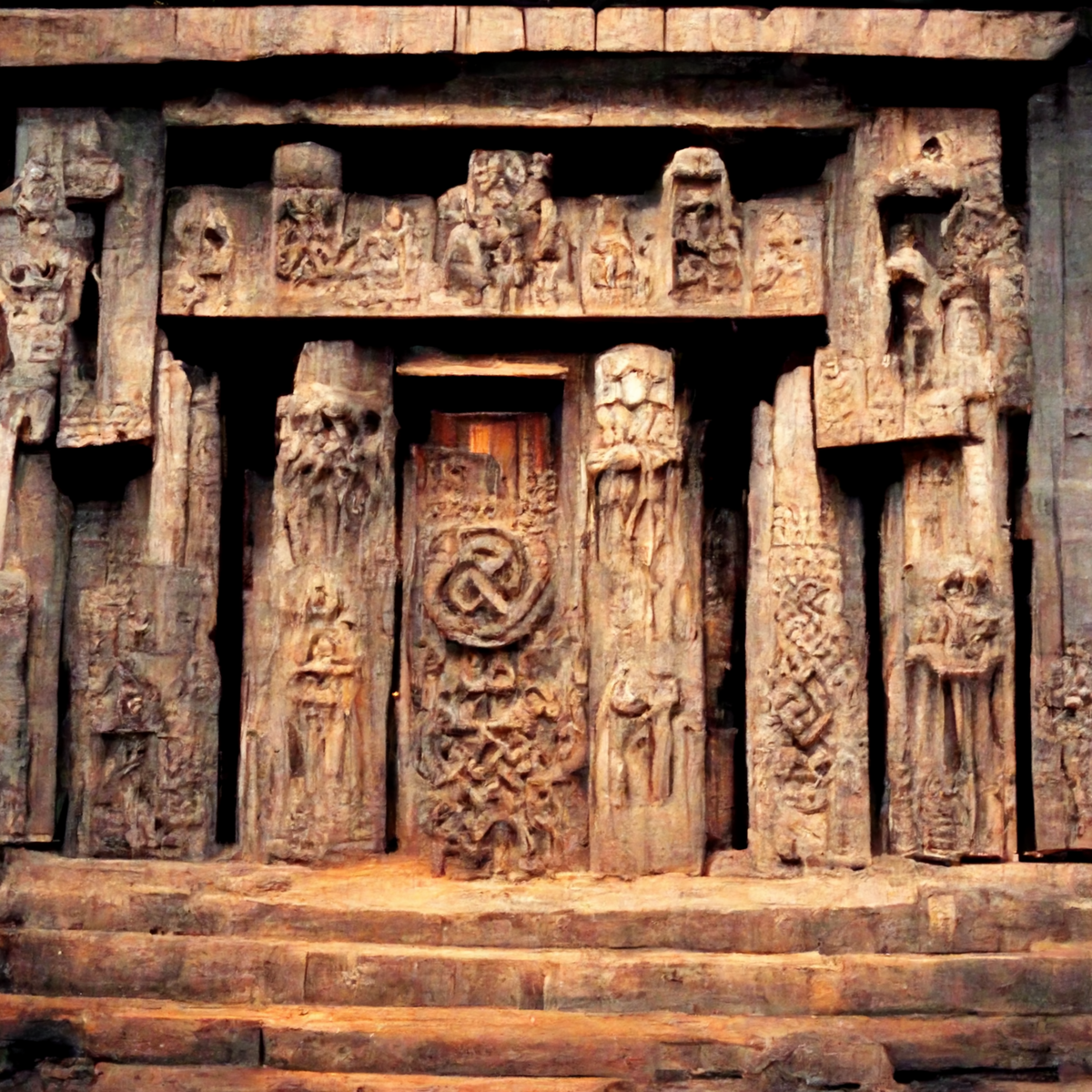 Запрос - In the middle of ancient slavic pagan city there was a square on which stood a temple made of wood, of the finest workmanship... The outer wall of the building stood out with neat carvings, rough and unfinished, which included the forms of various slavic pagan gods.  It had only one entrance. Old Russian history painting, cinematic detail, 8k