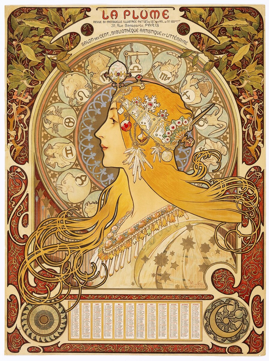 Альфонс Муха "Зодиак", календарь для журнала «Перо» (фр. «La Plume»), 1896/97 гг.