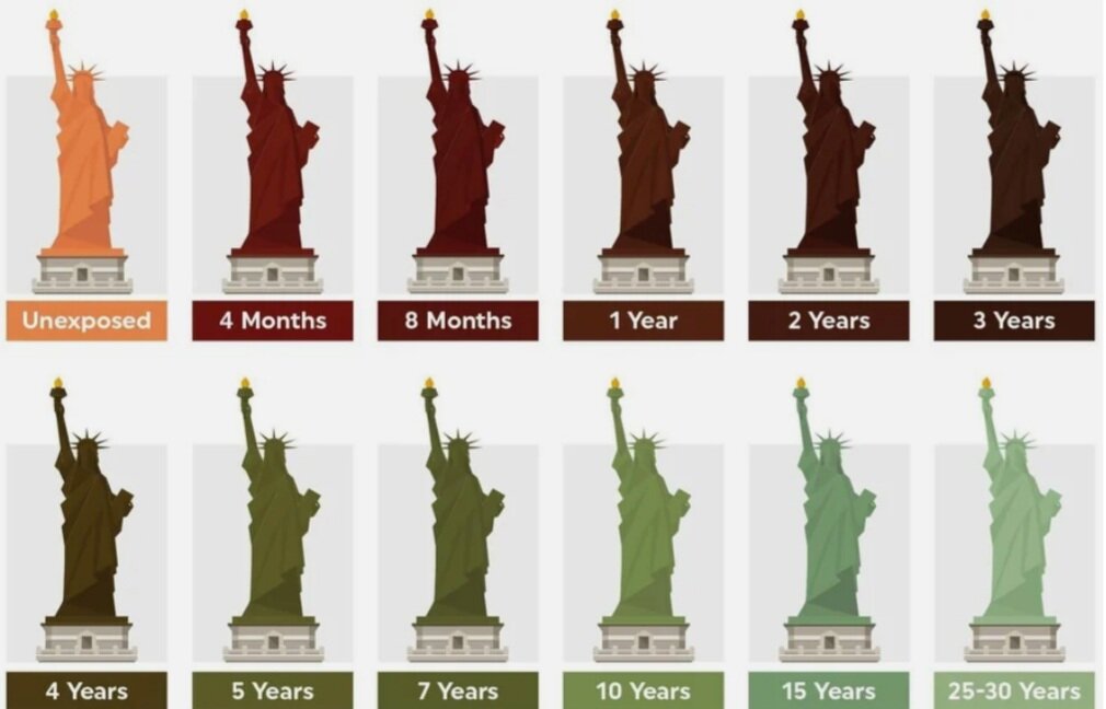 Статуя Свободы сделана из меди, поэтому в 1886 году, когда она была установлена в Нью-Йорке в честь 100-летия провозглашения независимости США, имела медный цвет. Простояв несколько месяцев, Свобода стала красной, через несколько лет - коричневой, а к пятому году службы (статуя, кстати, ещё выполняла функции маяка) начала зеленеть. Знакомый всем светло-зелёный оттенок статуя приобрела примерно к концу 1910-х. Смена цвета произошла из-за патины - налёта, образующегося на меди и её сплавах. Статую не чистят, потому что патина защищает металл, предотвращает коррозию, а при чистке вместе с патиной будут устраняться и слои меди, а это на пользу статуи не пойдёт.
