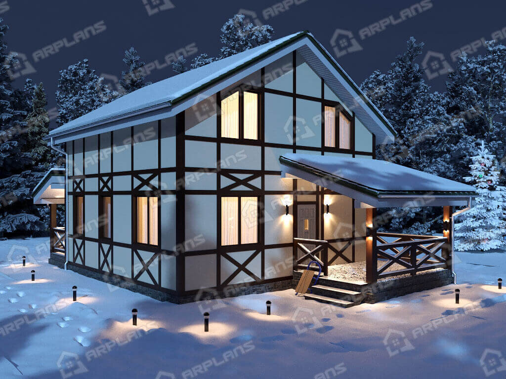 Фото 1 двухэтажного каркасного дома с мансардой, 3 спальнями, газовой котельной и двумя террасами. 130 кв м. Источник arplans.ru Проект И-004