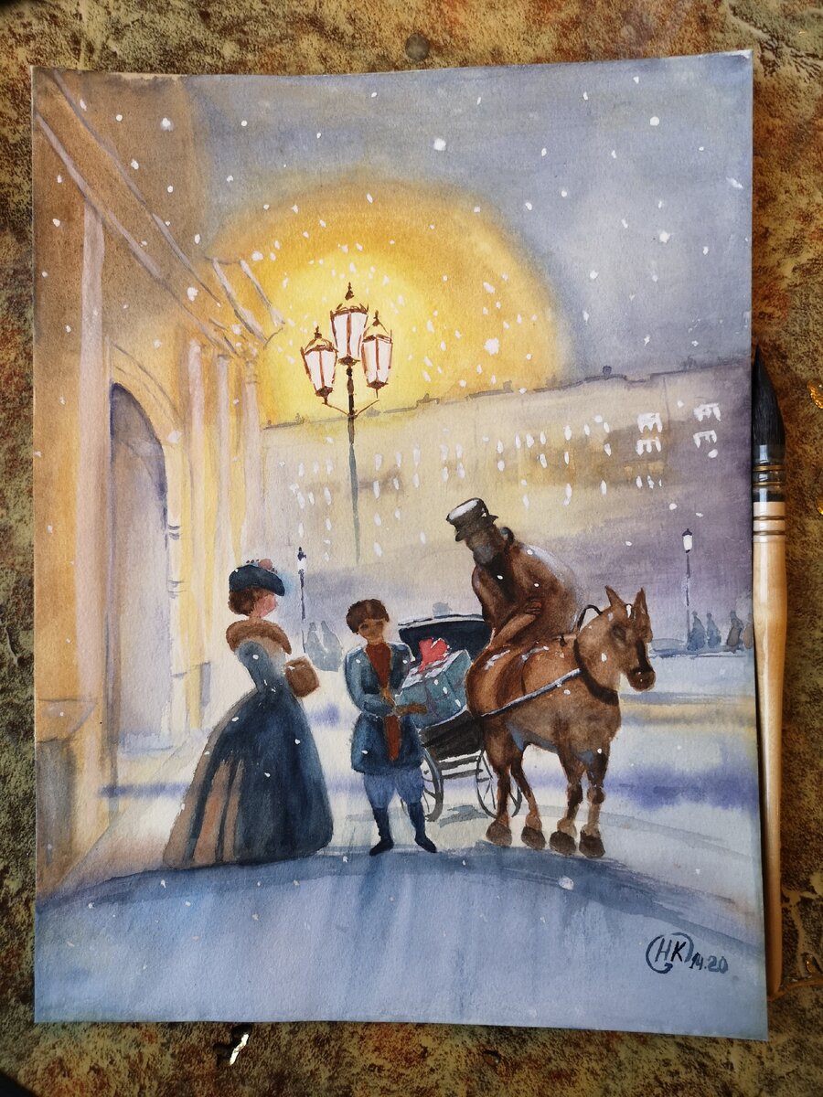 Санкт-Петербург 19 века, мой рисунок акварелью