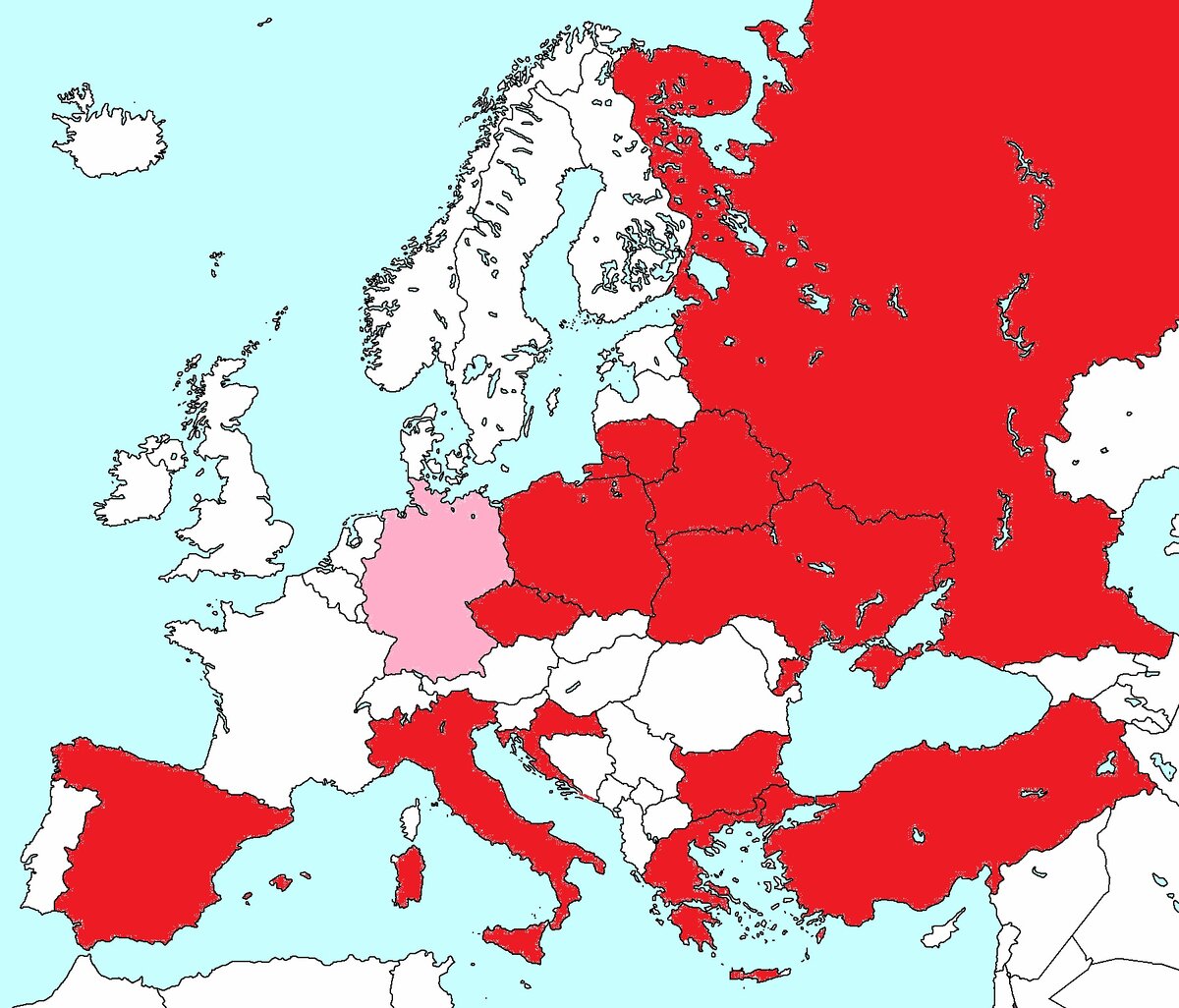 Тут система та же. Страны, которые я объездил на достаточные расстояния, выделены красным, те же, где я был в одном-единственном городе или на одной-единственной станции - розовым. 