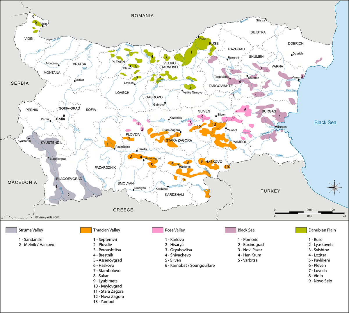 Карта винодельческих регионов Болгарии
