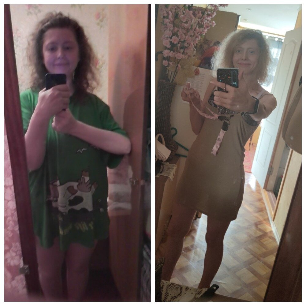 уже похудевшая на 40 кг (слева во мне 95 кг) и справа окончательные результаты-57 кг