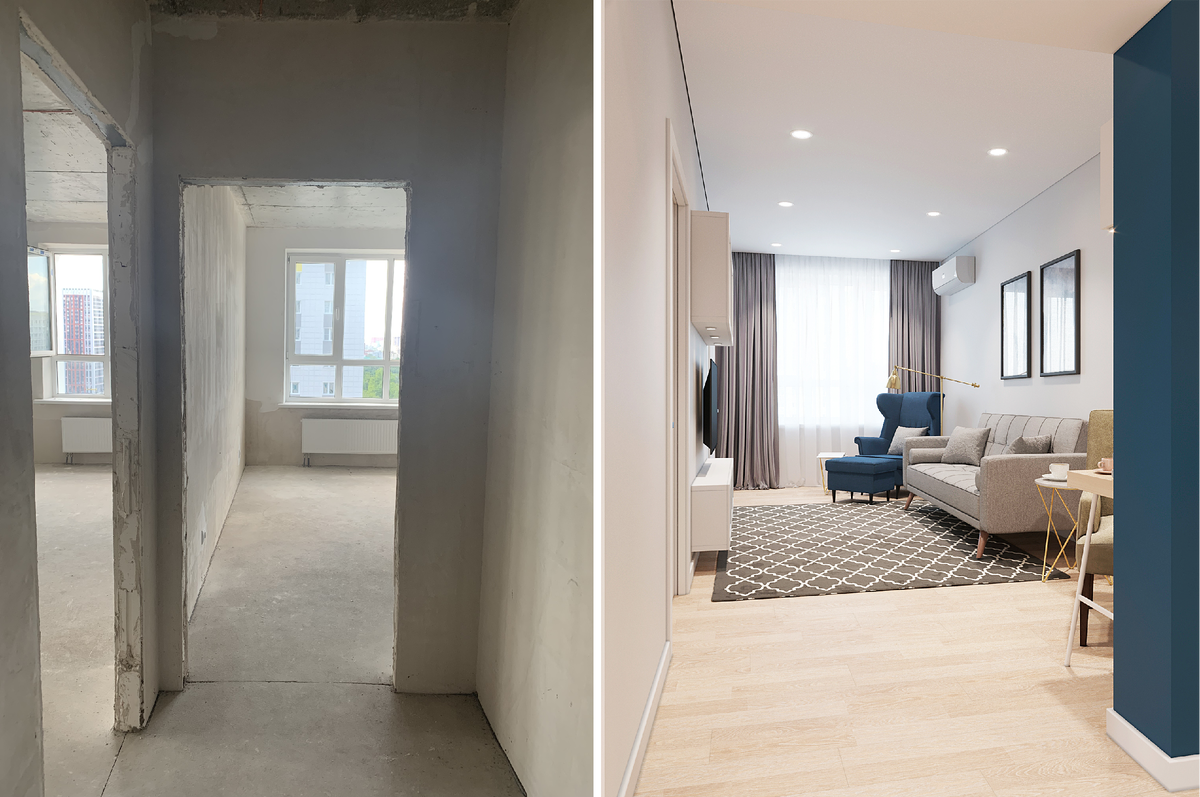 Бывшая спальня и гардеробная превратились в светлую гостиную