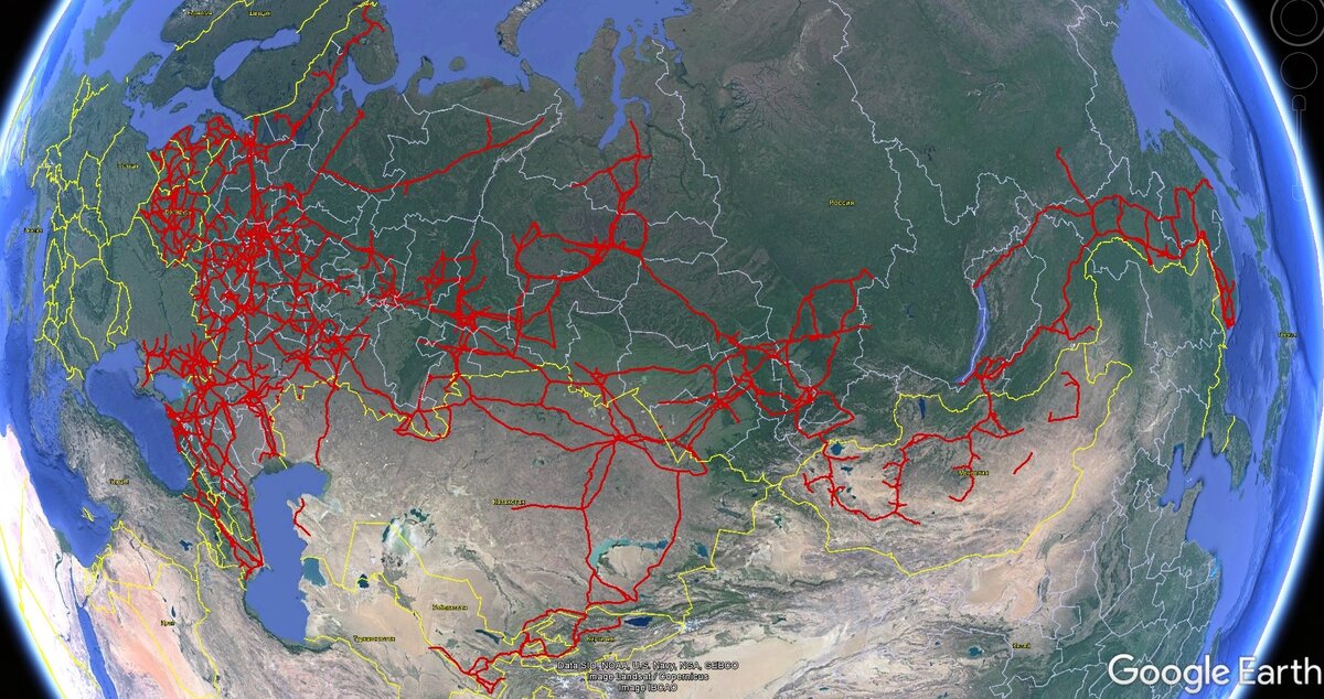 Примерная карта ЕЭС России. Указаны далеко не все ВЛ, входящие в неё (европейскую часть на данном масштабе местами пришлось бы просто закрасить). Снимок из Google Earth.