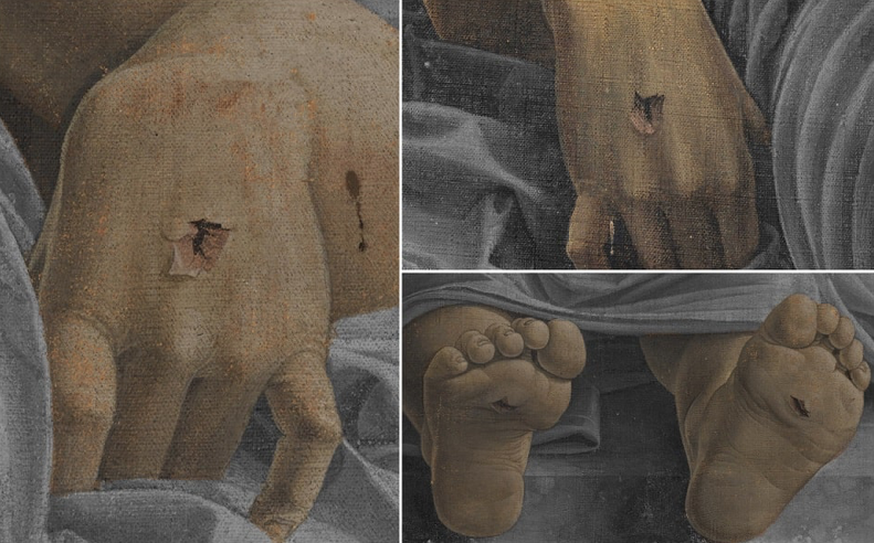 Следы от гвоздей на руках и ногах Христа