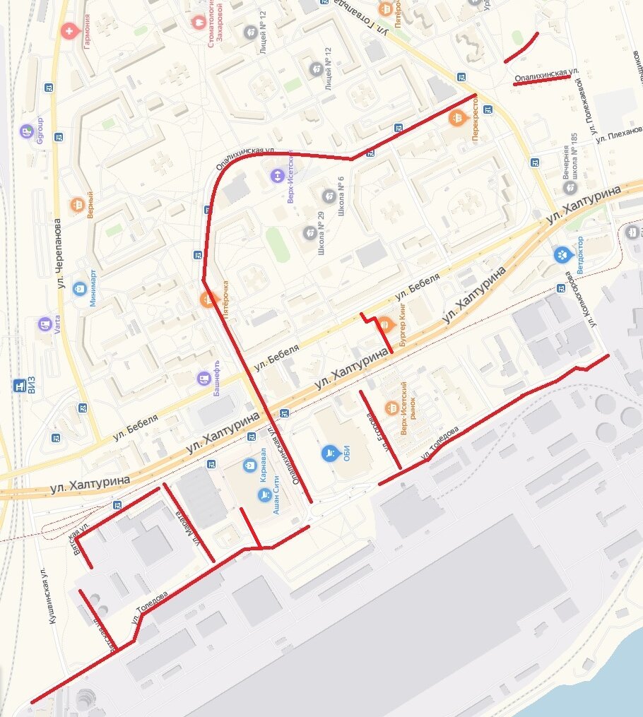 Финских коммунаров - Егорова - Толедова - Качканарская - Марата - Крутоярская – Опалихинская (Екатеринбург) © Яндекс