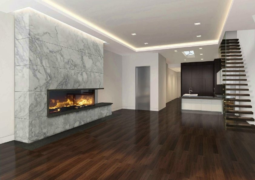 Камин с отделкой под мрамор - одно из самых популярных современных дизайнерских решений.