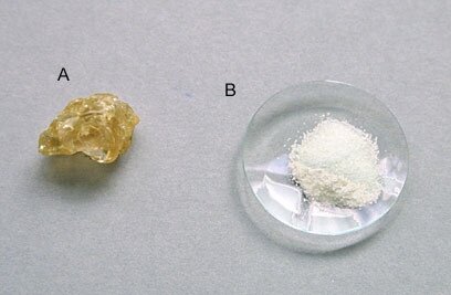 Binder, Gum Arabic, showing A) the raw material, B) ground to a fine powder.