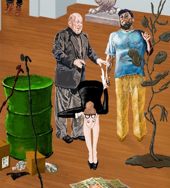  Женщина приподняла очки на лоб, наклонилась вперед и принюхалась.  -  Сильно… очень сильно! – услышала она позади себя хрипловатый голос. Обернувшись, куратор выставки увидела двоих бородатых посетителей, явно художников.
 - Дааа,- протянул рыжий,- какой образ!.. газеты, пресса… и что из них прёт… сплошное дерьмо!
 - А газета-то пожелтела…- задумчиво сказал брюнет,- явно, желтая пресса…
 - Мощно!
 - Гениально!
 - Дааа…