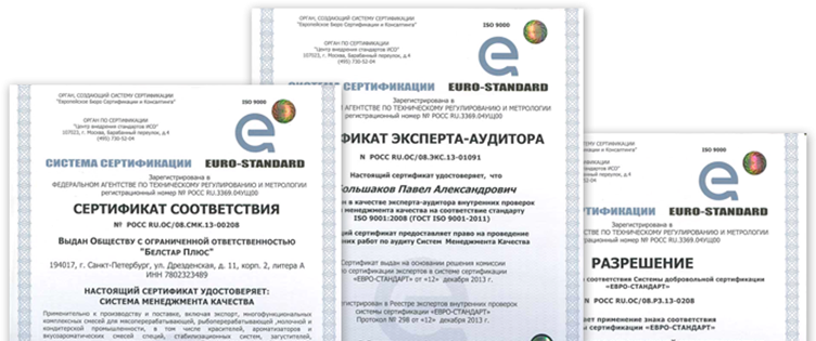 Стандартный пакет документом, выдаваемый по итогам сертификации СМК на соответствие стандарту ISO 9001, на примере системы сертификации Euro-Standard.