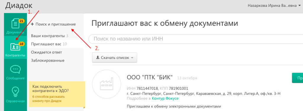 Рисунок 1. Как пригласить контрагента к обмену электронными документами